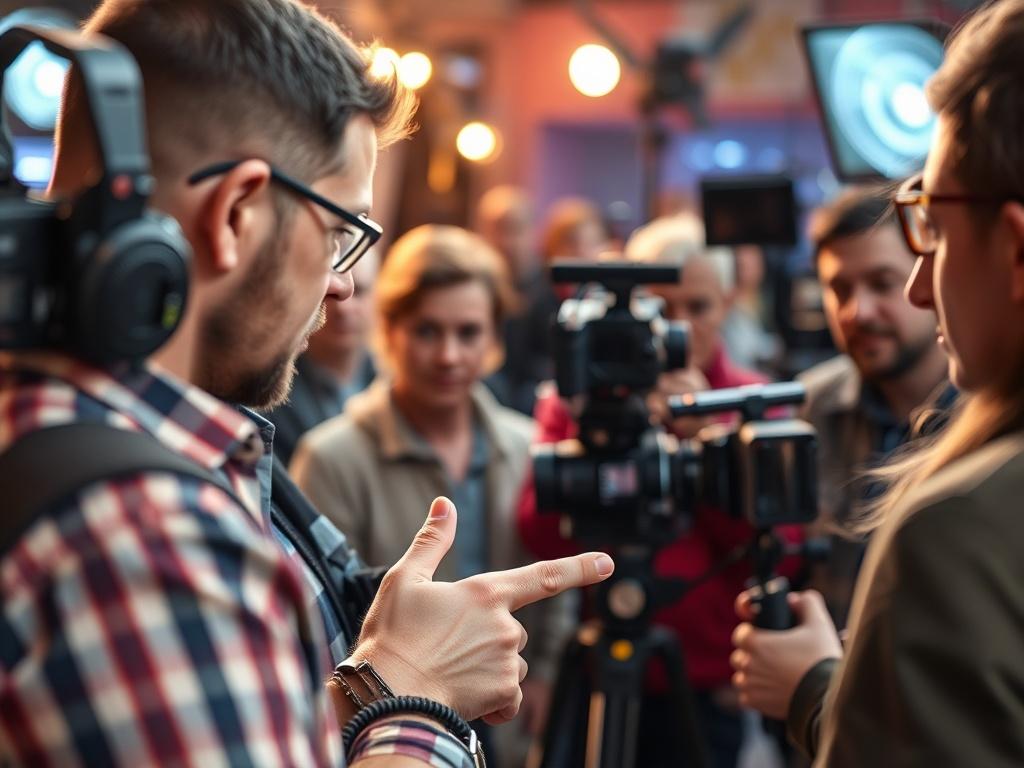 A close-up shot of a film crew in action, capturing a scene on set. The focus is on a director giving instructions to actors, with high-quality cameras and lighting equipment in the background. The scene is vibrant and dynamic, conveying the energy of film production, shot with a 45mm f/1.2 lens style.