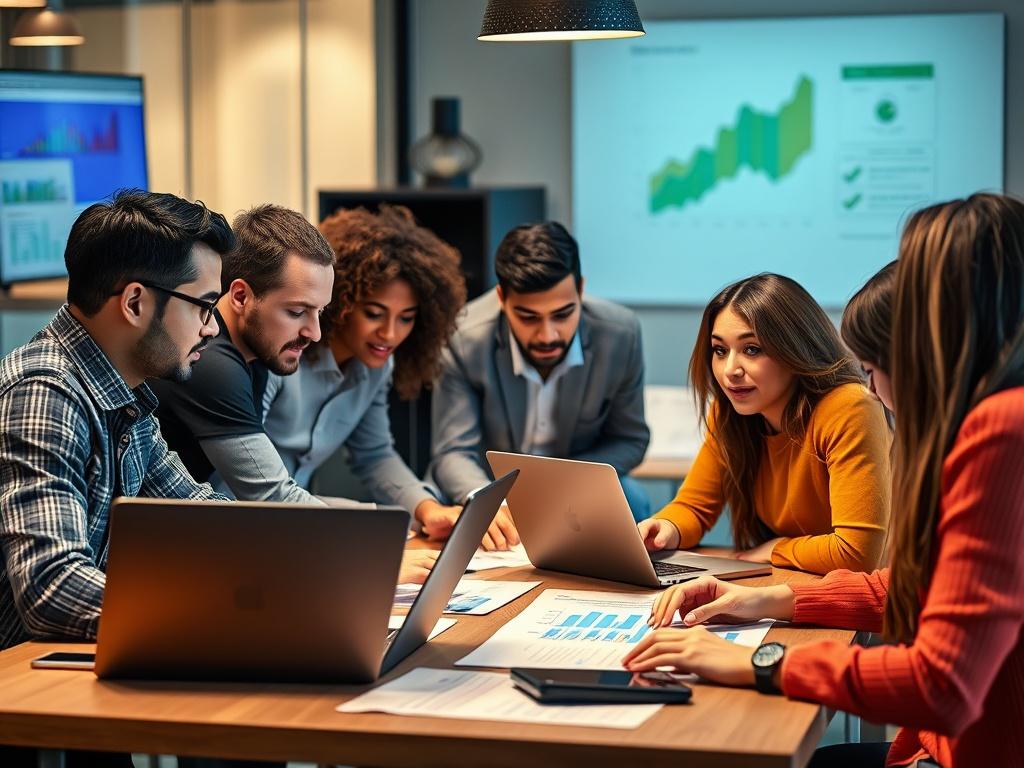A vibrant digital marketing strategy meeting in progress, featuring a diverse team brainstorming ideas. Laptops, charts, and digital devices are present, illustrating a collaborative atmosphere. The image captures the essence of teamwork and creativity in a modern office setting, shot with a 45mm f/1.2 lens style.