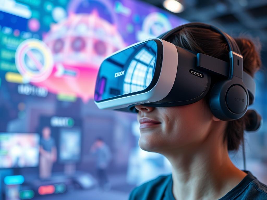 A person wearing a VR headset, fully immersed in a virtual environment. The background showcases a digitally created world with vivid colors and interactive elements. The image conveys excitement and innovation in technology, shot with a 45mm f/1.2 lens style.