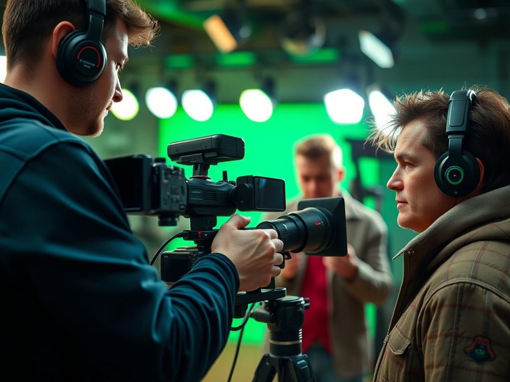 A close-up shot of a professional film crew working on a commercial production set. The focus is on a camera operator adjusting the camera settings while an actor prepares for a scene. The background is a blurred film set, with lights and equipment subtly visible. The lighting is bright and vibrant, capturing the energy of the production environment, with a color palette that includes vivid greens to reflect the brand's primary color rgb(50, 170, 39). The shot is taken with a 45mm f/1.2 lens for a hyper-rea