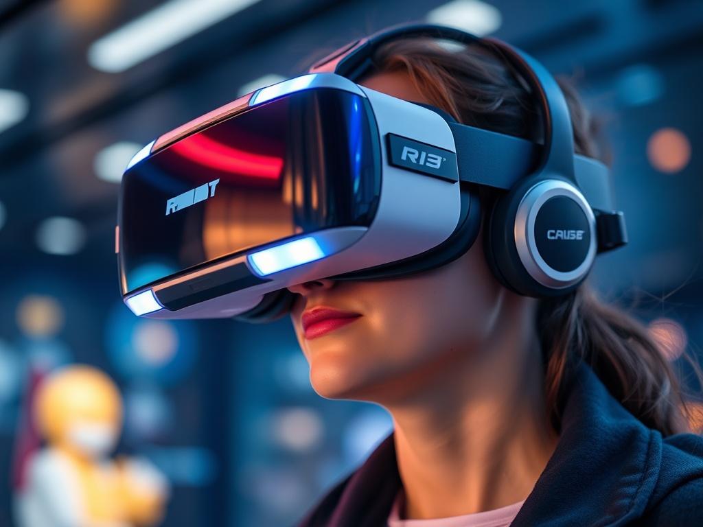 A high-resolution close-up shot of a person wearing a VR headset, fully engaged in a virtual environment. The background should feature a modern, futuristic setting with vibrant lights and graphics, illustrating the immersive nature of virtual reality.