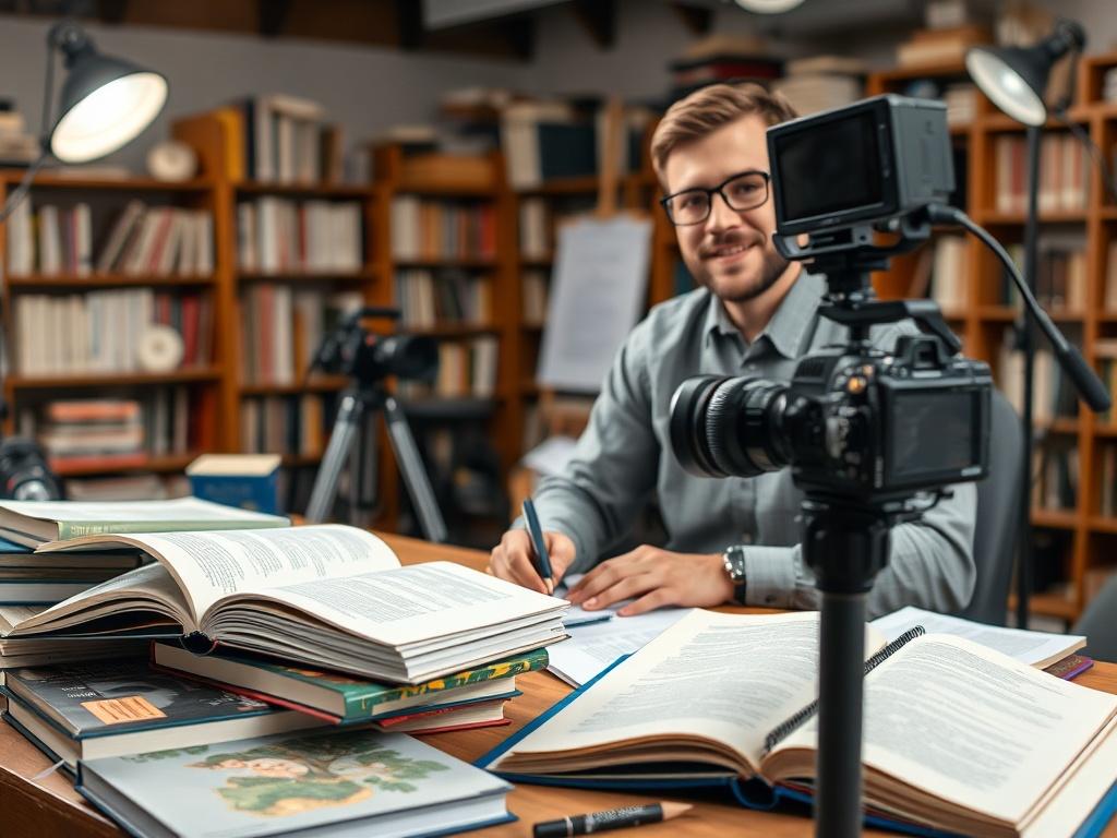 A high-resolution close-up shot of an educational video being created, featuring a professional educator in a studio setting, surrounded by books, notes, and a camera setup. The background should evoke a sense of knowledge and creativity, highlighting the learning process.