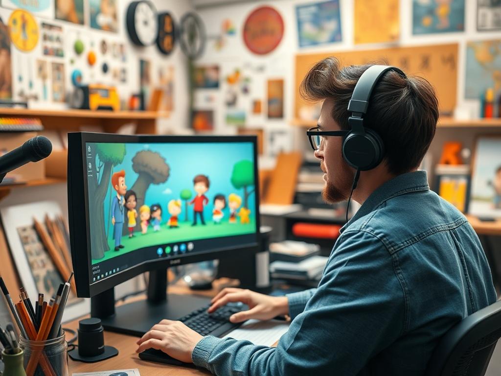 A high-resolution close-up shot of an animated video production scene, featuring a professional animator working on a computer with colorful characters on the screen. The background should be a creative workspace filled with art supplies, storyboards, and a vibrant atmosphere, showcasing the energy of the animation process.