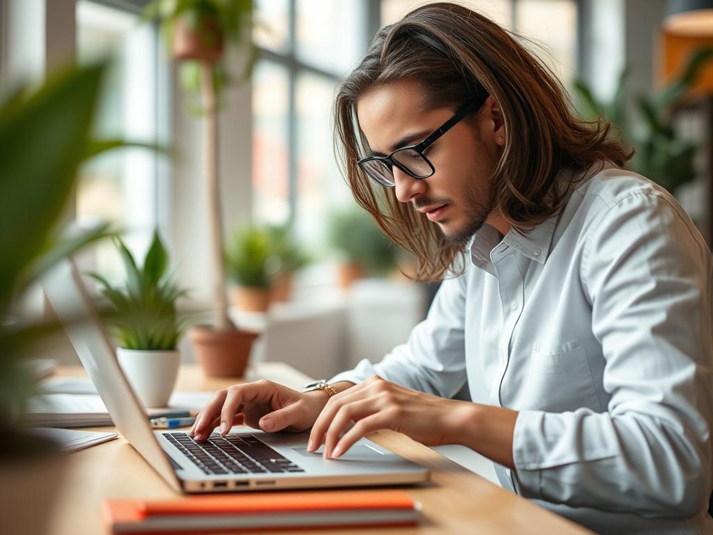 A high-resolution close-up shot of a creative professional at work, deeply focused on writing content on a laptop. The setting should be a modern, well-lit office with plants and colorful design elements in the background. The image should capture the intensity and passion of content creation, showcasing the individual's concentration and creativity, with a blurred background to emphasize the subject.