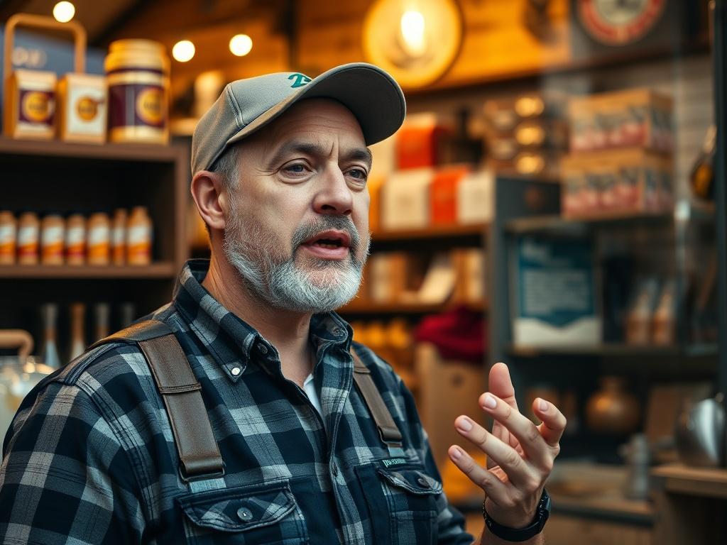 A close-up shot of a local business owner speaking passionately in front of their storefront, with engaging visuals of products being displayed in the background. The setting conveys a warm and inviting atmosphere, capturing the essence of community and entrepreneurship.