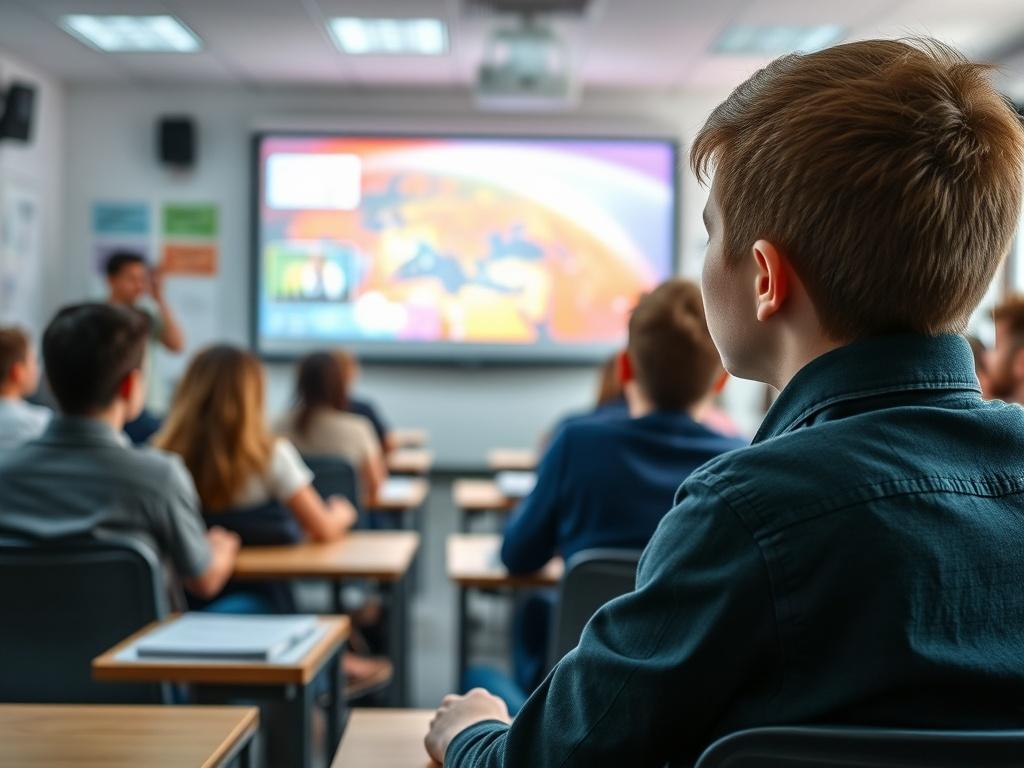 A close-up shot of a student watching an educational documentary in a classroom, with a projector screen showing vibrant visuals. The background is filled with engaged students and a teacher guiding the session, capturing a moment of inspiration and learning.