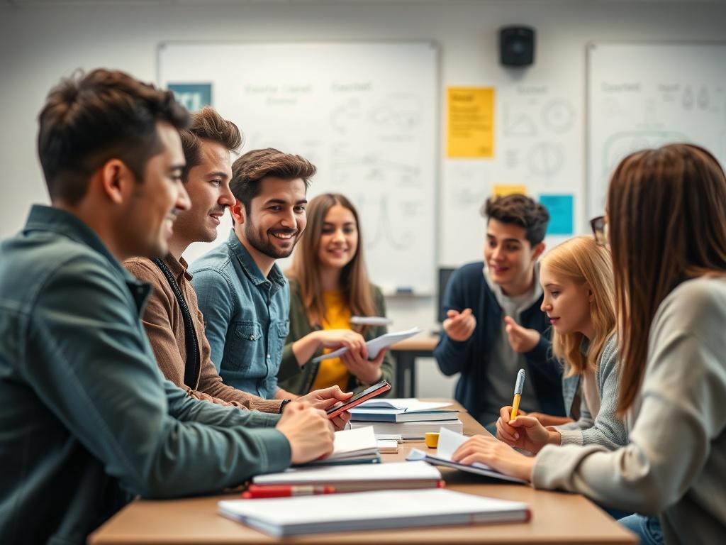 A close-up shot of a diverse group of students engaged in an interactive e-learning session. The setting is a modern classroom with high-tech displays. One student is pointing at a digital screen while others take notes, showcasing enthusiasm and collaboration. The background features educational materials like books and a whiteboard filled with diagrams. The image should be realistic and vibrant, reflecting a dynamic learning environment, captured with a 45mm f/1.2 lens.