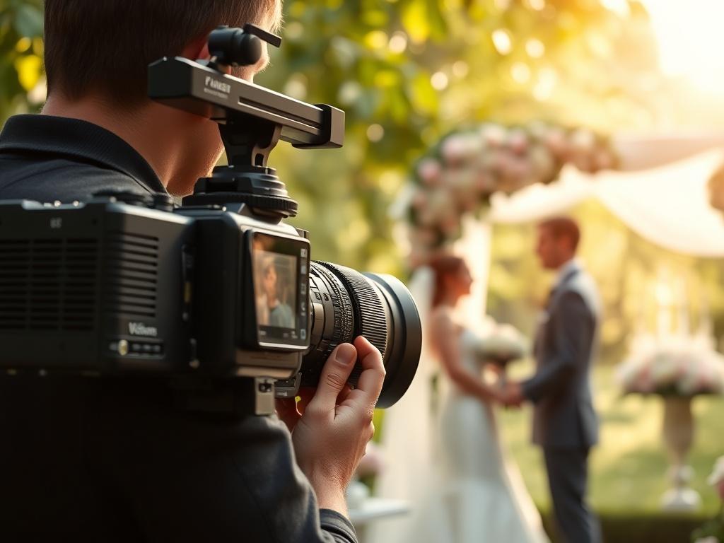 A high-resolution photo of a professional videographer capturing an outdoor wedding ceremony. The image should be a close-up shot, showcasing the videographer in action, focusing on a couple exchanging vows in a beautiful garden setting. The background should have soft, blurred greenery and floral decorations, with warm sunlight filtering through the leaves, creating a romantic atmosphere.