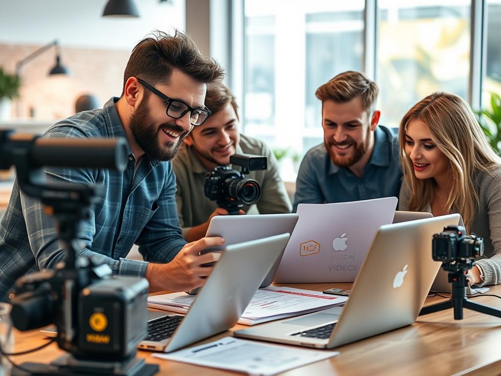 A high-resolution image showing a creative team collaborating on a video project, with laptops, storyboards, and camera equipment around. The setting should be modern and vibrant, emphasizing teamwork and creativity, with a focus on the engaged expressions of the team members. The background should be bright and inspiring, showcasing a dynamic workspace.