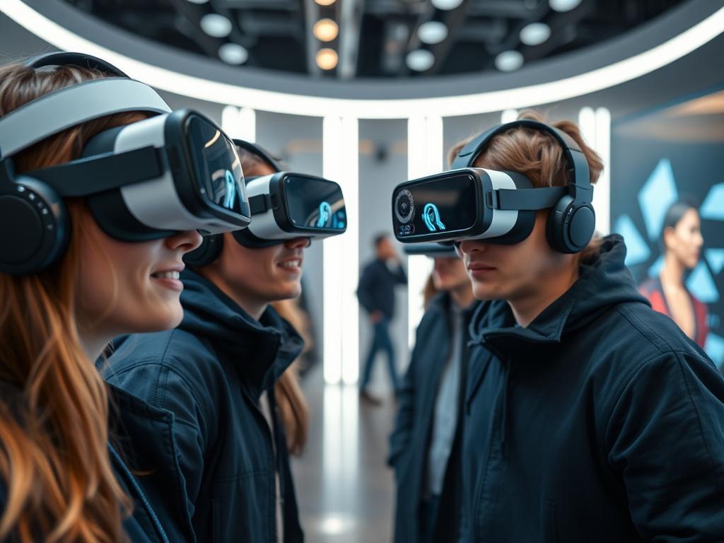 A stunning high-resolution image of a sophisticated VR/AR setup, with users wearing headsets and interacting with digital content. The background should be sleek and futuristic, illustrating cutting-edge technology in action. The focus should be on the immersive experience being created, capturing the excitement and innovation of digital storytelling.