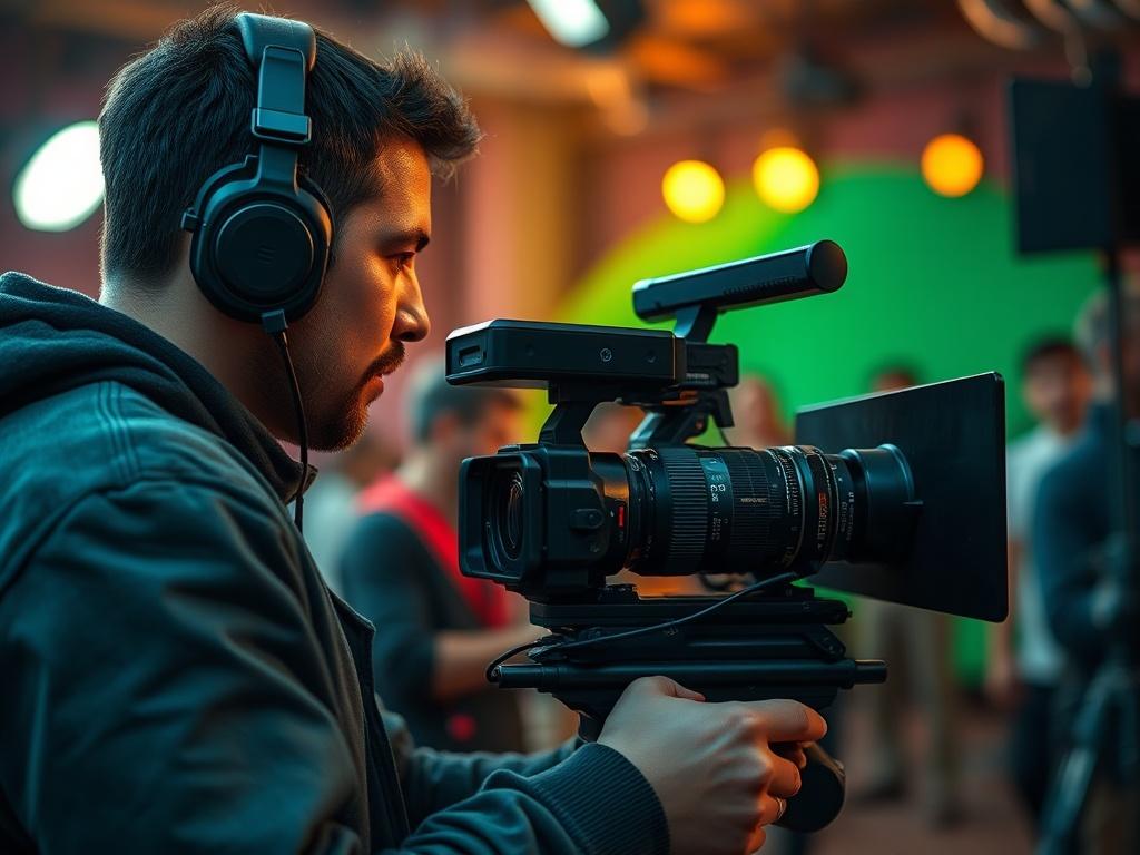 A high-resolution image of a filmmaker on a vibrant film set, focusing on a camera and crew in action. The background should showcase soft lighting and a lively atmosphere, with colors emphasizing creativity and production. The image should capture the intensity of filmmaking with a close-up shot that highlights the equipment and team collaboration.