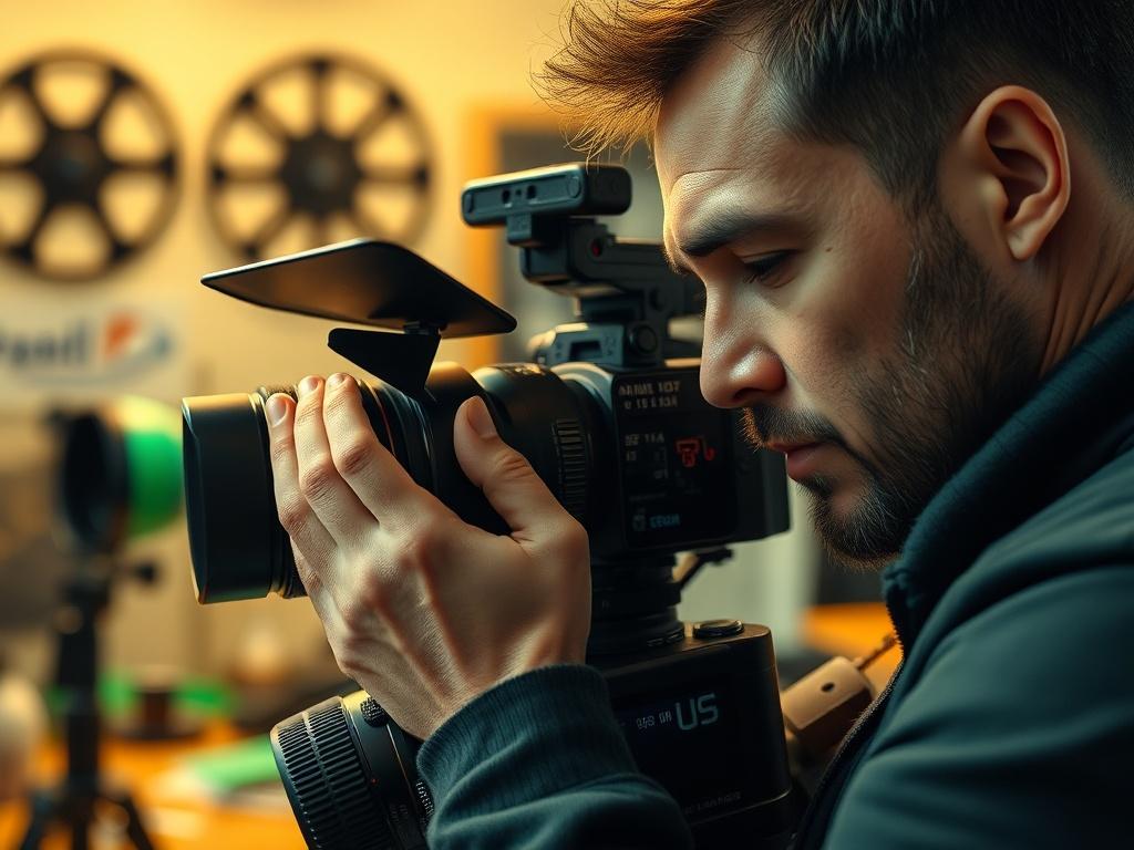 A close up shot of a filmmaker adjusting a camera