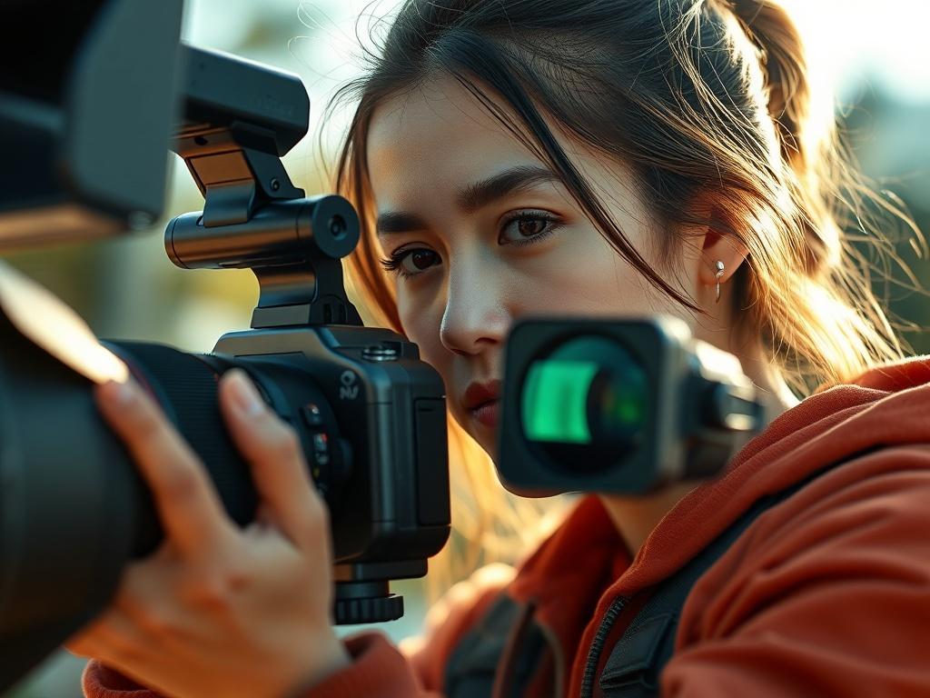 A close up shot of a filmmaker in action, capturing