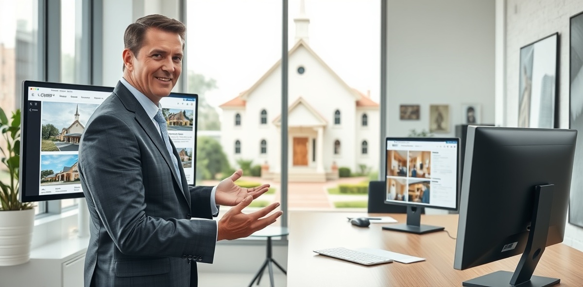 Real estate professional presenting church property with global listing exposure