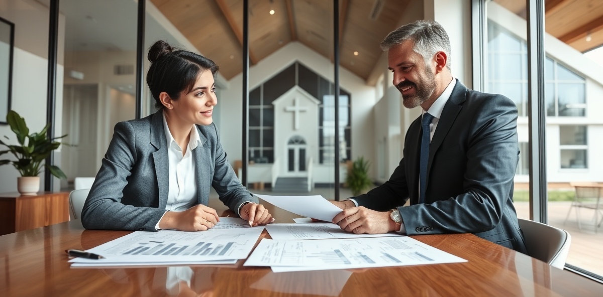 Church leader and financial advisor reviewing property documents and financing options