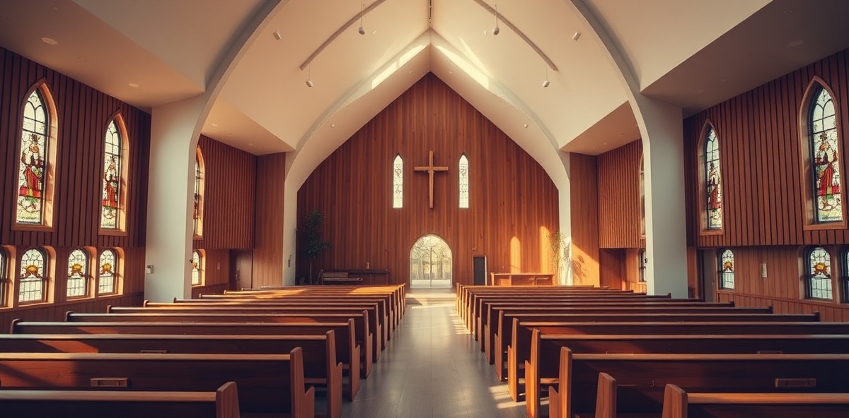 Church sanctuary interior with wooden pews and stained glass windows