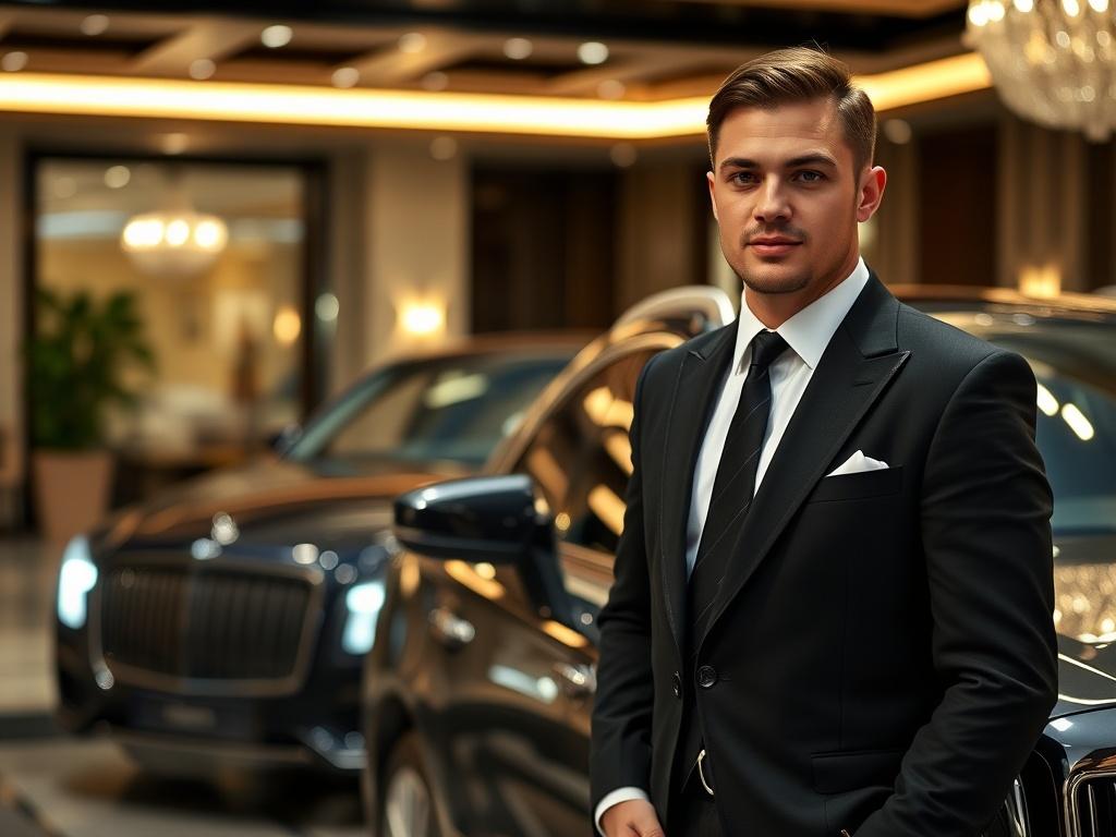 A luxurious corporate event setting with a valet in a formal uniform, standing next to a high-end vehicle. The background features an elegant venue with soft lighting and sophisticated decor, conveying a sense of professionalism and class. The scene captures the essence of luxury valet service, focusing on the valet's attentive posture and the vehicle's sleek design.