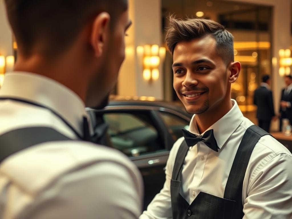 A close-up of a valet assisting a VIP guest at a corporate event. The valet wears a polished uniform, showcasing professionalism. In the background, a luxury vehicle is parked, with an elegant venue visible. The atmosphere conveys exclusivity and high-end service, highlighting the commitment to VIP guest satisfaction.