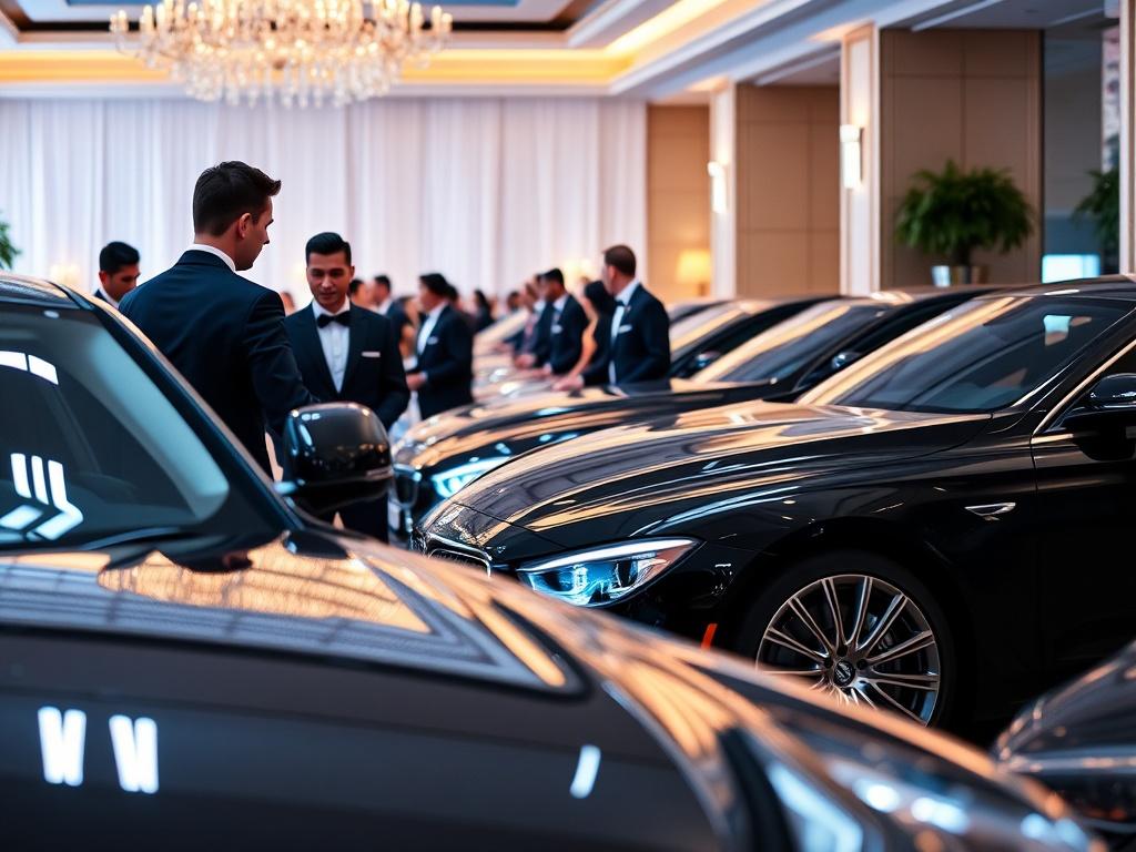 A dynamic scene of a corporate event in progress, showcasing the valet team coordinating guest arrivals. Valets in sharp uniforms assist guests, while a sleek line of luxury vehicles is parked in an organized manner. The backdrop features a beautifully decorated venue, emphasizing the professionalism and attention to detail of the valet service.
