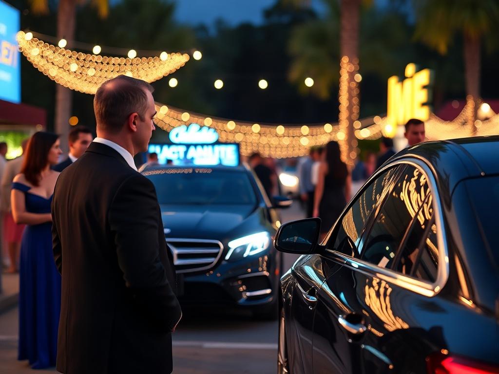 An elegant outdoor event with valet parking, featuring a valet attendant assisting guests. The scene captures the vibrancy of the event, with well-dressed attendees and high-end vehicles. The background includes decorative lighting and event signage, creating a festive atmosphere. The focus is on the seamless interaction between valet staff and guests, highlighting the luxury service provided.