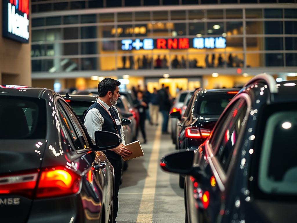 A busy arena parking lot with valet attendants managing vehicle arrivals and departures. The focus is on a valet attendant assisting a guest, showcasing professionalism and attention to detail. The background features the arena entrance, with excited guests and cars in motion. The atmosphere conveys energy and efficiency, highlighting the valet service's role in creating a seamless parking experience.