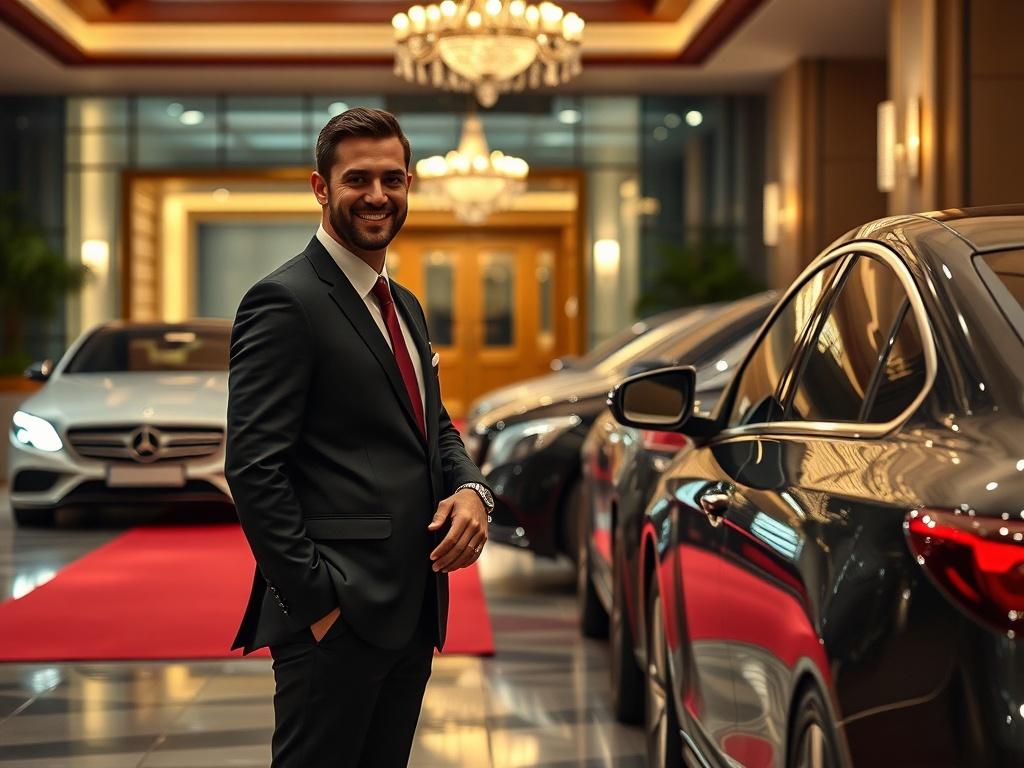 A luxurious valet service at a high-end venue, showcasing a valet attendant greeting guests with a warm smile. The backdrop features an elegant entrance with a red carpet, sleek cars parked in a well-organized space, and an upscale atmosphere. The scene captures the essence of premium service, with a focus on the attentive valet staff and high-quality vehicles, illuminated by soft, warm lighting.