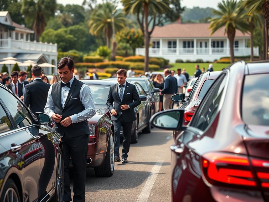 A busy country club event with valets in elegant uniforms efficiently parking cars. The scene showcases a high-end atmosphere with guests arriving at a tournament. The background includes a beautifully landscaped club area, creating a vibrant and welcoming environment, highlighting the professionalism of the valet team.