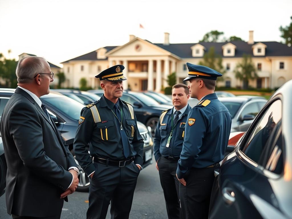 A professional valet team in uniform conducting a safety briefing, surrounded by luxury vehicles in a well-lit country club parking area. The focus is on their attentive demeanor and commitment to safety, with an elegant club building in the background, emphasizing professionalism and high standards.