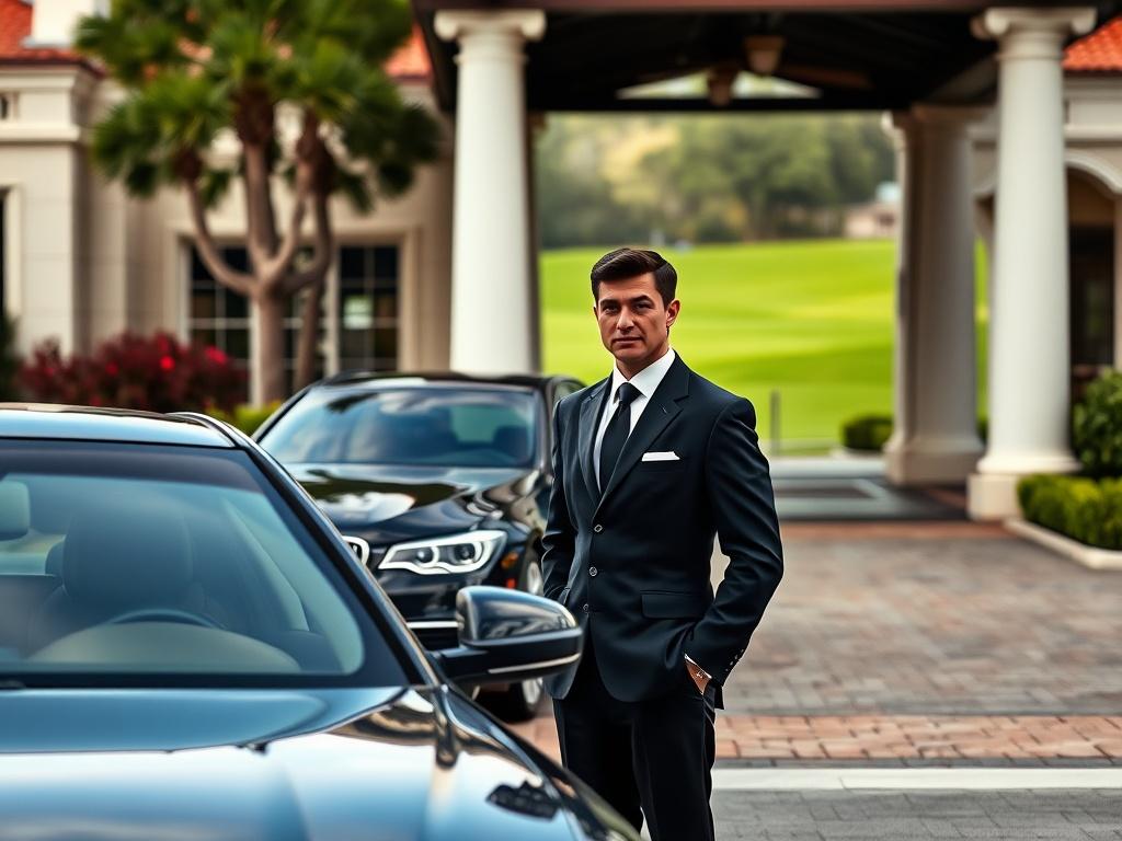 A luxurious valet attendant in a formal uniform, standing beside a high-end vehicle parked at a country club entrance. The background features a well-manicured golf course and elegant club architecture. The scene captures the essence of luxury with a focus on the valet attendant and the polished car, showcasing a high-end, premium atmosphere.