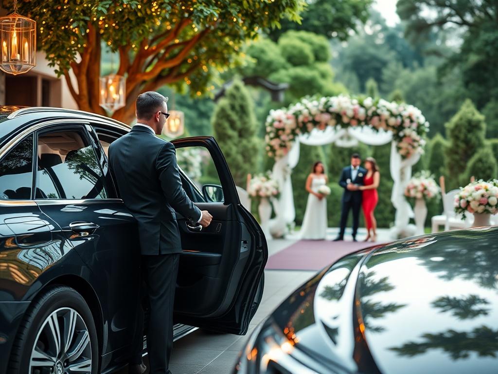 A luxurious outdoor wedding venue with a beautifully arranged entrance