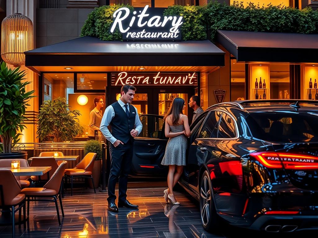 An upscale restaurant entrance bustling with activity  The focus