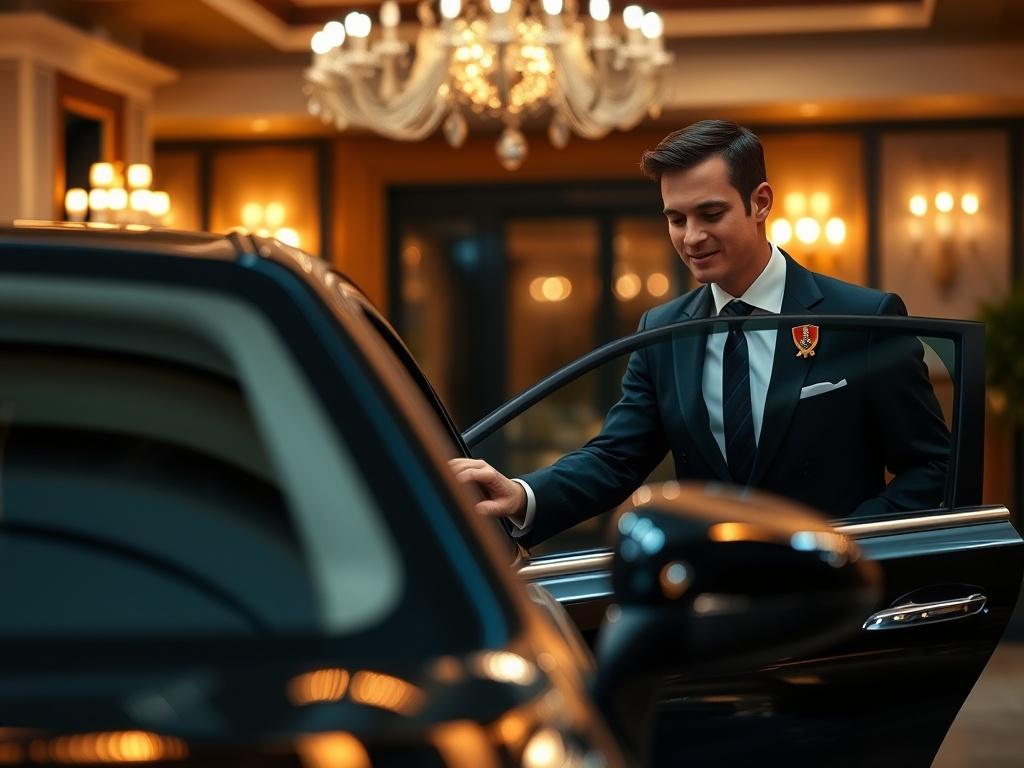 A luxurious valet parking scene at a private event, showcasing a well-dressed valet attendant gracefully opening a car door for a distinguished guest. The background features elegant decorations and soft ambient lighting, creating a warm and inviting atmosphere. The focus is on the valet attendant and the high-end car, captured in a close-up shot with a blurred background to emphasize the premium service.