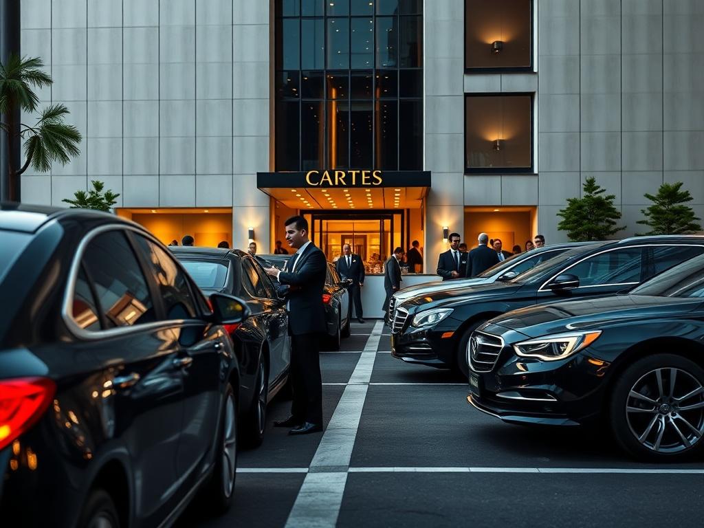 A detailed shot of a bustling corporate event parking area, showcasing valet attendants directing vehicles and guests arriving at a high-end venue. The attendants wear elegant uniforms, and luxury cars are parked in an organized manner. The background features the elegant facade of a corporate building, all set against the deep onyx black backdrop to maintain the luxurious theme.