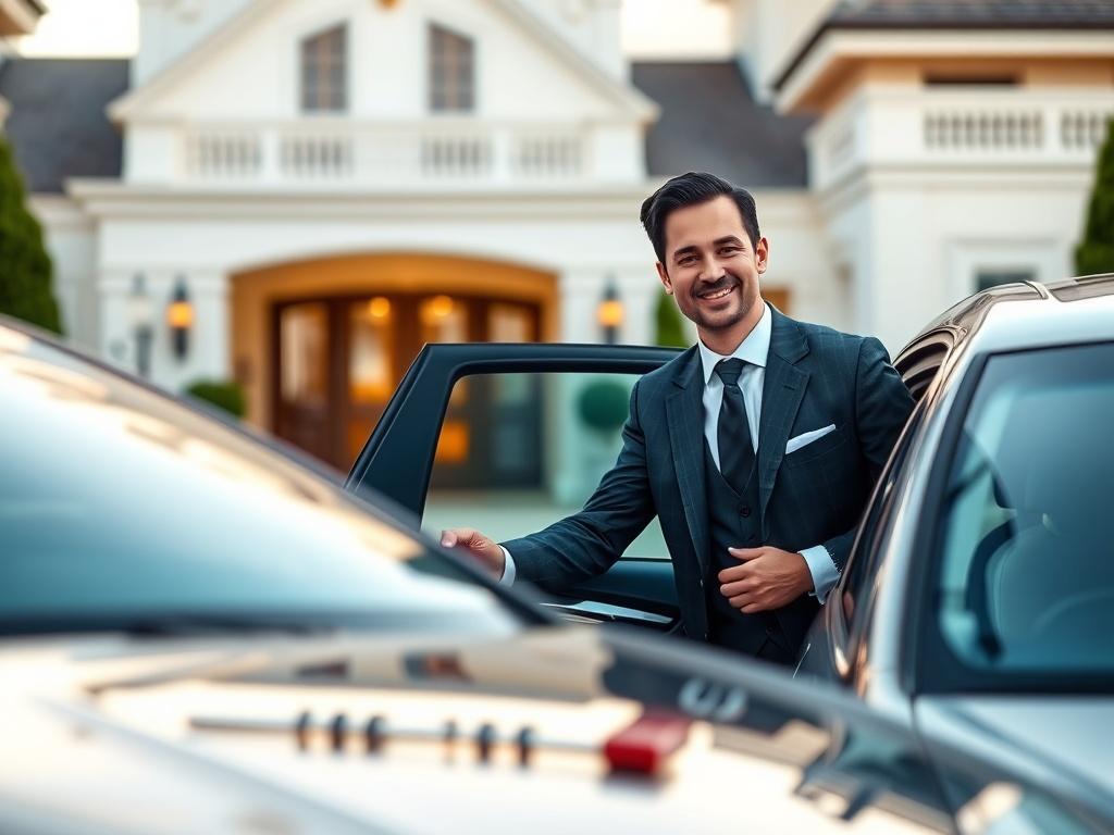 A luxurious valet service scene at a country club, showcasing a well-dressed valet attendant opening a car door for an elegantly dressed guest. The background features a pristine country club entrance with manicured lawns and upscale architecture. The lighting is warm and inviting, emphasizing the premium atmosphere. The valet attendant is smiling, exuding professionalism and attentiveness.