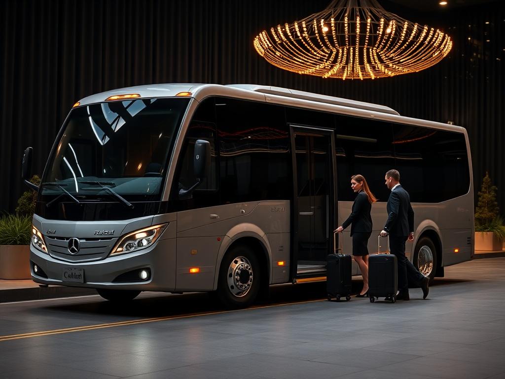 A luxurious shuttle bus parked at a high-end event venue, elegantly dressed staff members assisting guests with luggage. The setting is upscale, with a deep onyx black background. The shuttle is sleek and modern, reflecting a premium service. Soft golden lighting highlights the scene, creating a warm and inviting atmosphere.