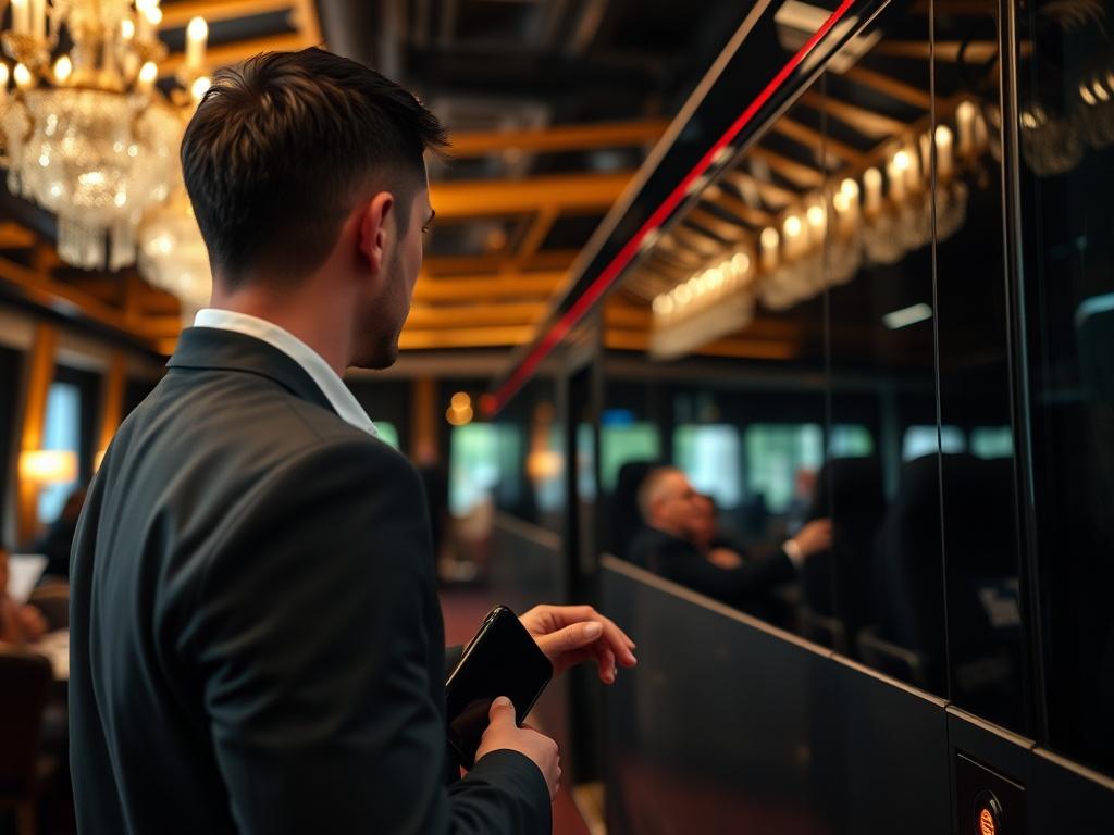 A well-coordinated shuttle service in action, showcasing a staff member directing guests to the correct shuttle bus. The scene is set against a backdrop of a bustling event venue with elegant decor, emphasizing the professionalism and efficiency of the service. The colors are rich and deep, with gold accents highlighting the luxurious atmosphere.