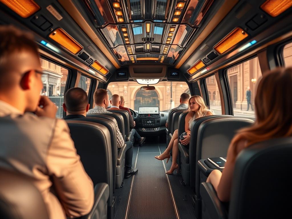 An elegant shuttle bus interior showcasing comfortable seating and modern amenities. The setting reflects a classy event atmosphere with warm golden lighting. Guests are depicted enjoying their ride, showcasing a relaxed and pleasant experience. The bus is parked in front of a stylish venue, emphasizing the high-quality service provided.