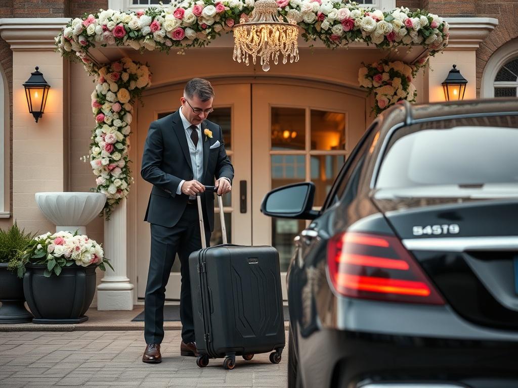 A valet attendant assisting a guest with their luggage outside a wedding venue, showcasing a warm and inviting atmosphere. The scene captures the elegance of the occasion, with floral decorations and soft lighting creating a beautiful backdrop for the valet service.