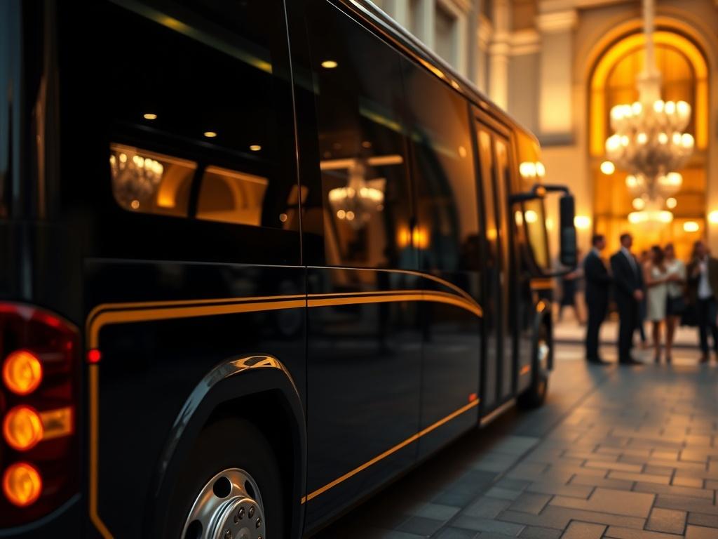 A close-up shot of a luxury shuttle bus parked outside a high-end venue, with elegant black and gold accents. The background shows a blurred view of guests arriving at the venue, creating a sense of excitement. The lighting is warm and inviting, emphasizing the premium feel of the transportation service. The image should capture the detail of the shuttle's exterior and the atmosphere of a sophisticated event.