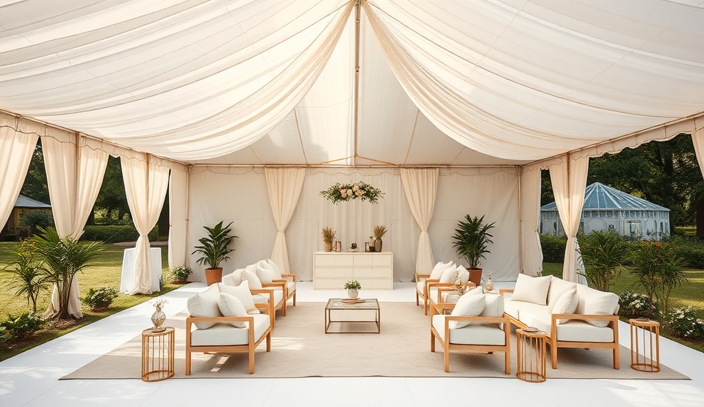 Serene event setup with elegant tent and peaceful ambiance