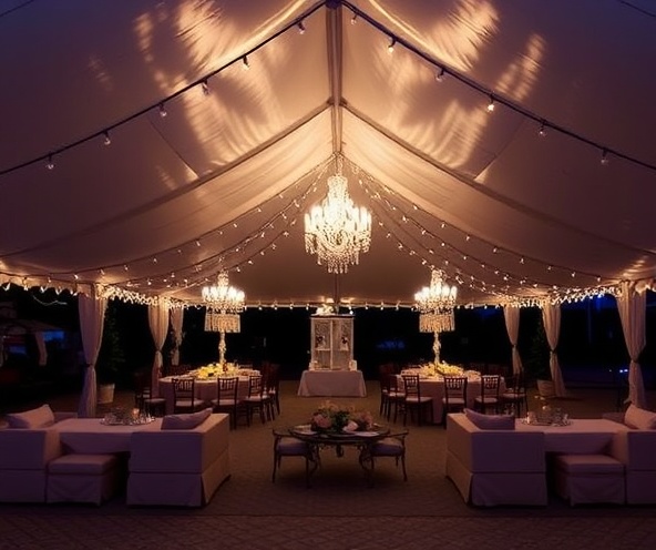 Evening event setup with lighting