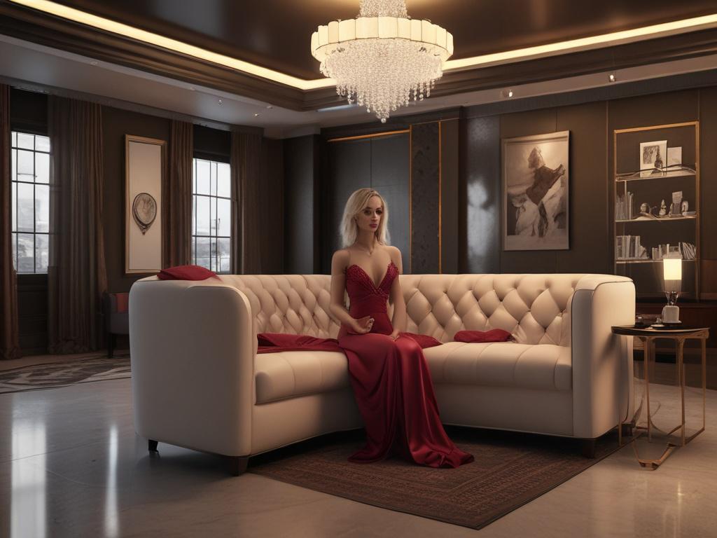 A luxurious setting featuring a beautifully dressed female escort, radiating