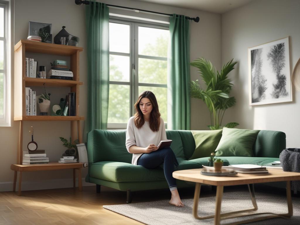 a student relaxing in a tidy living space, close up