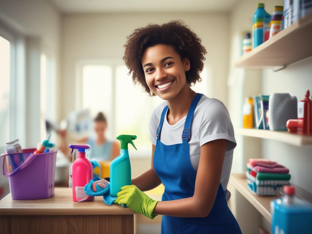 Close up shot of a young student holding cleaning supplies,