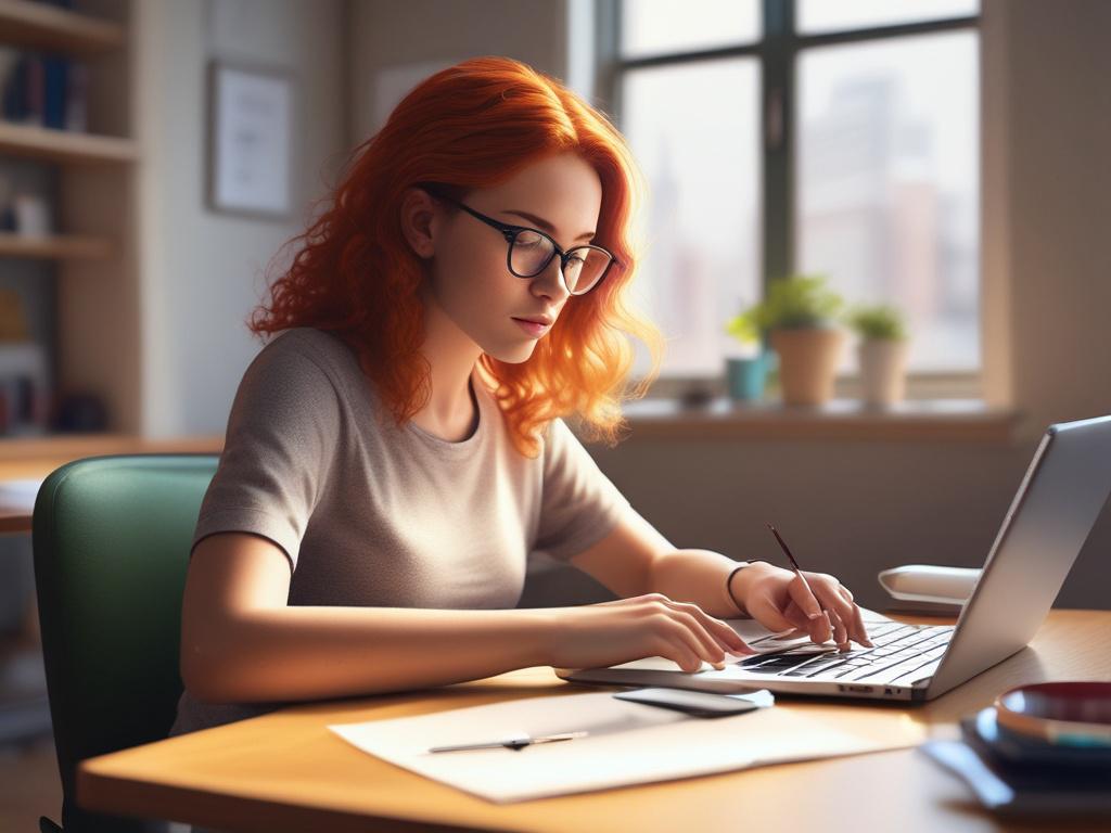 a young student filling out a questionnaire on a laptop, bright and inviting workspace, minimalistic design, warm colors