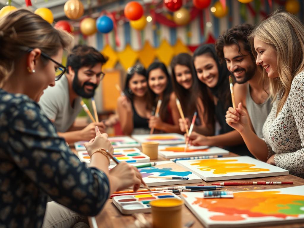 A close-up shot of a group of friends painting together at a festive event, with colorful canvases and paint supplies laid out on a table. The background should be vibrant and lively, capturing the joyful atmosphere of the celebration.