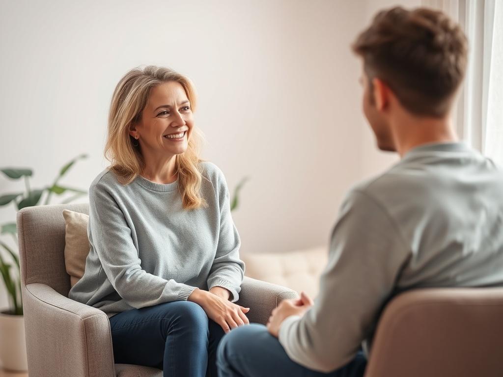 A serene counseling session in a softly lit room with calming colors. A qualified therapist, a middle-aged woman with a warm smile, is sitting on a comfortable chair, engaging in conversation with a client, a young adult man, who is seated across from her. The atmosphere is peaceful, with plants in the background and soft cushions, creating a welcoming and safe environment for discussing personal issues.