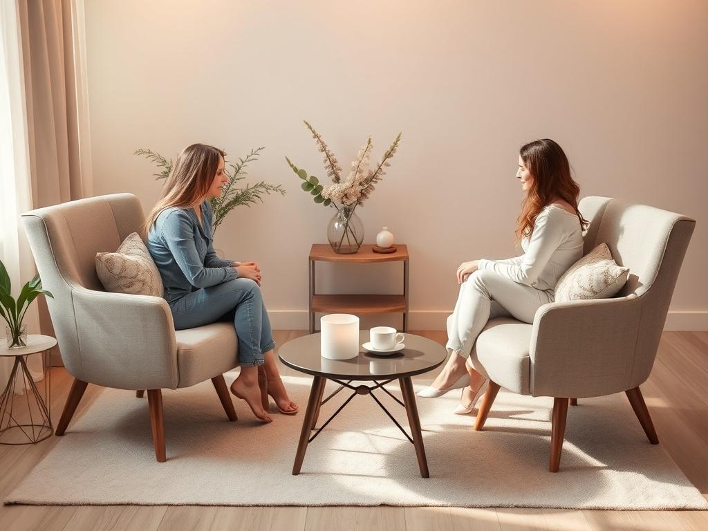A cozy couples therapy setting with two chairs angled towards