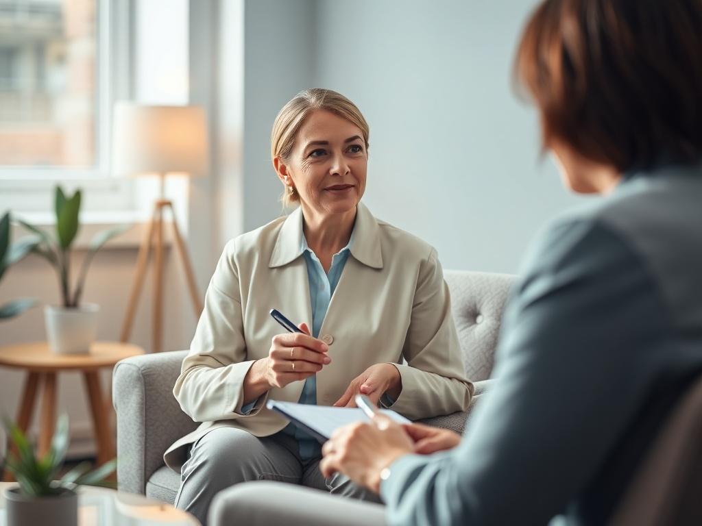 A serene, focused image of a professional counselor sitting in a comfortable, well-lit office. The counselor is engaged in a thoughtful conversation, with a notepad and pen in hand, reflecting a sense of collaboration and support. The background features calming colors and soft lighting that create a welcoming atmosphere, emphasizing the theme of connection and professional growth.