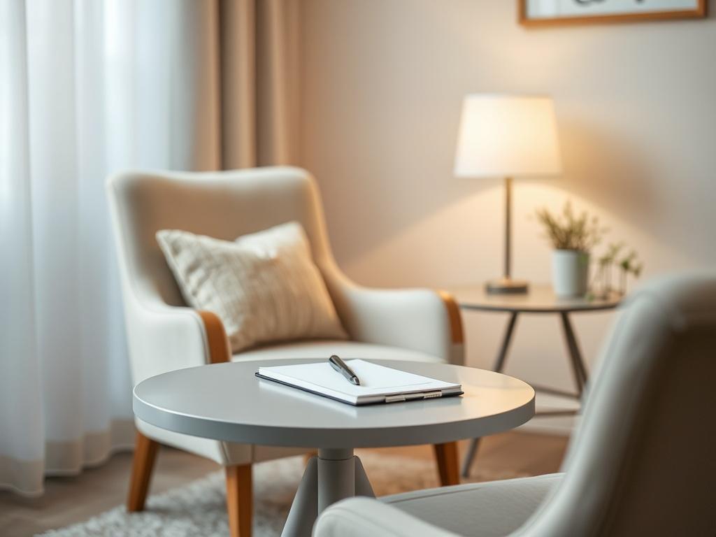 A close-up shot of a comforting counseling environment, featuring a cozy chair and a small table with a notepad and pen, soft lighting that creates a serene atmosphere, a peaceful background with calming colors, shot with a 45mm f/1.2 lens style.
